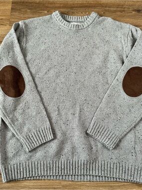 Line of Trade Wool Blend Fisherman Sweater Men XXL Speckled Gray Elbow Patch EUC